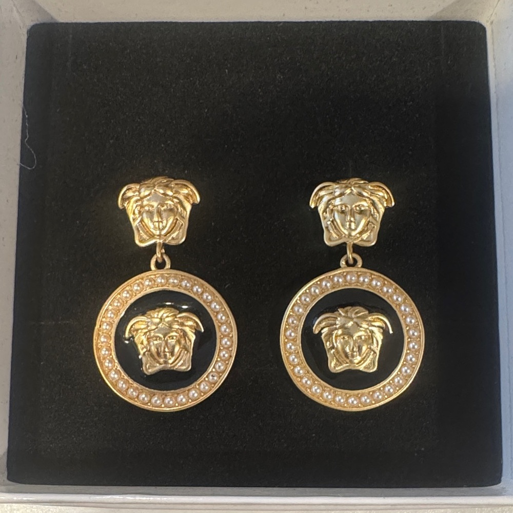Gold Medusa Circle Drop Earrings with Crystal Accents